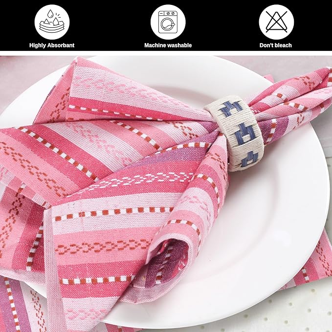 Homidate Cotton Cloth Dinner Napkins Set of 12 – 18x18 Pink Multi Salsa Stripe – Reusable Machine Washable Fabric Napkins for Weddings, Parties, Kitchen & Everyday Dining