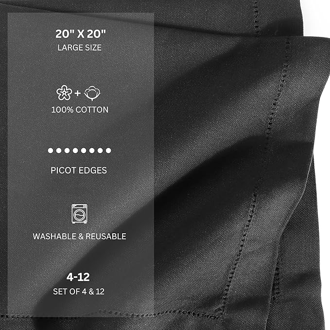 FINGERCRAFT Cloth Napkin Hemstitched 20x20 Inch Generous Picot Hem, Mitred Corner, Everyday Use Premium Quality High GSM and Good Absorbency Set of 12 Easter Color Black