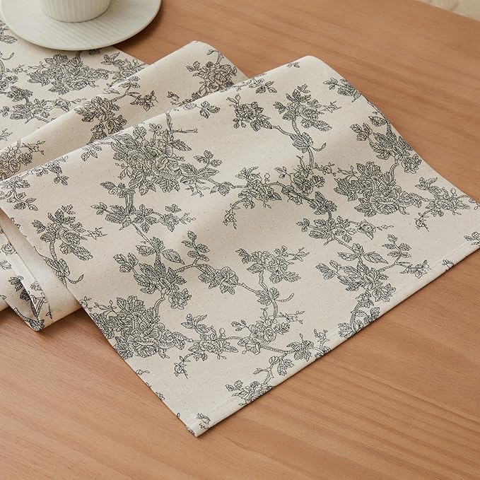 100% Cotton French Pastoral Table Runners, 13x60 Inch Black Farmhouse Table Runners 60 Inches Long, Vintage Flowers Print Home Decors