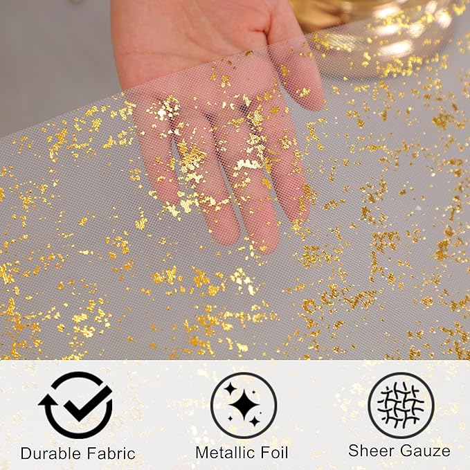 Snowkingdom 2 Pcs Gold Table Runner Roll, Sheer Gauze Chiffon Tulle Fabric Sequin Glitter Metallic Foil, Gold Golden Table Decorations for Home Wedding Birthday Party Anniversary Christmas