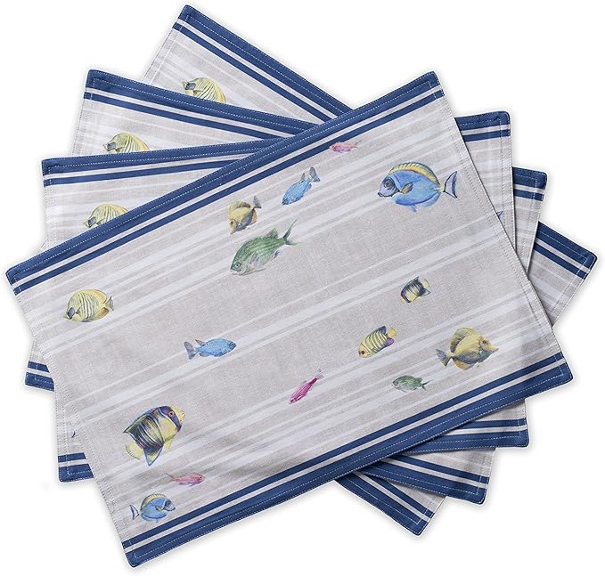 Maison d' Hermine Placemats Set of 4 100% Cotton Washable Cloth Place Mats Reusable Table Mats for Kitchen Dining Party Wedding Gifts for Mothers Day Spring/Summer (Poisson, 13" x 19")