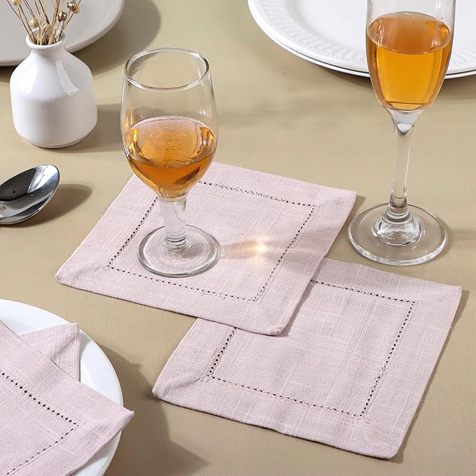 FINGERCRAFT Cocktail Napkins 6 x 6 Inch Premium Quality Cotton, Generous Hemstitch and Mitered Corner Set of 12 Coaster Cloth Pink