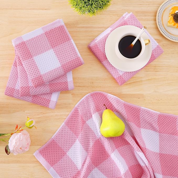 Homaxy Kitchen Towels and Dishcloths Set, 12 x 12 and 13 x 28 Inches, Set of 12 100% Cotton Waffle Weave Check Plaid Kitchen Dish Towels, Super Soft and Absorbent Dish Cloths, White & Pink