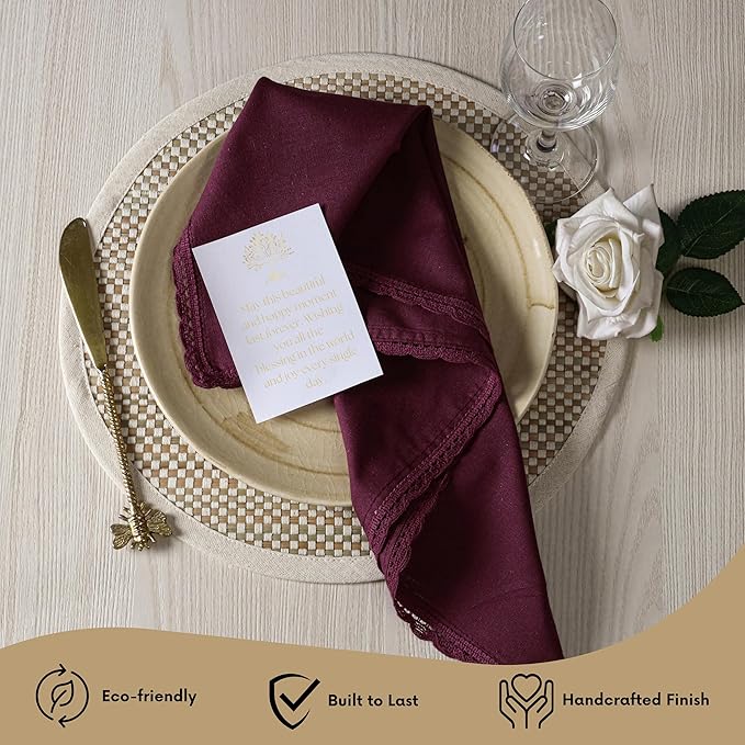 Ramanta Home Linen Flax Cloth Napkins Set of 4 Burgundy, 18x18 Inch | Easter Premium Cotton Linen Flax Lace Soft & Durable | Washable Ideal for Spring Basket Décor, Wedding, Kitchen, Everyday Use