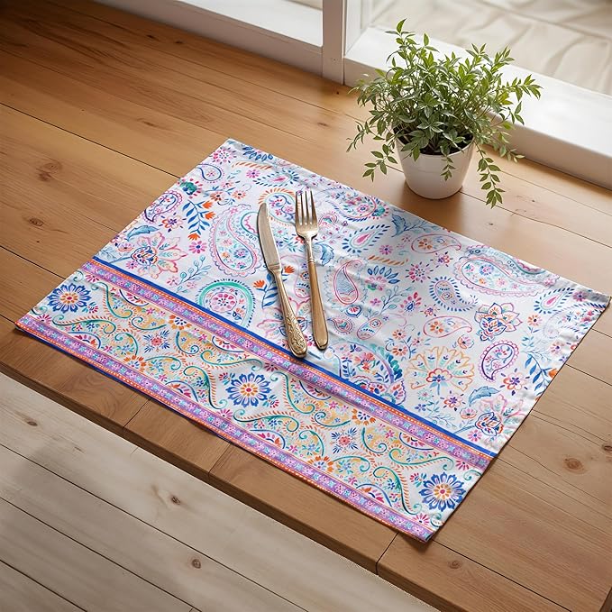 Maison d' Hermine Placemats Set of 4 100% Cotton Washable Cloth Place Mats Reusable Table Mats for Kitchen Dining Party Wedding Gifts for Mothers Day Spring/Summer (Indian Floral, 13" x 19")