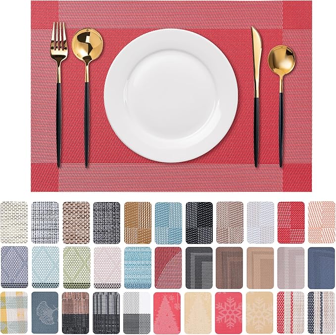 CADONO Placemats Set of 6 Washable Indoor/Outdoor Vinyl Place Mats for Dining Table Durable Non-Slip Heat Resistant PVC Weave Table Mats（Four-Corner-Red）