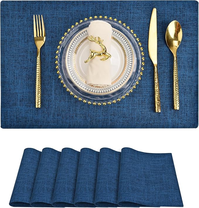 SLKQG Navy Linen Fabric Placemats Set of 6, Heat Resistant & Machine Washable Double-Layered Cloth Placemats for Dining Table, Indoor/Outdoor Use, Non-Slip Kitchen Table Mats (6, Navy)
