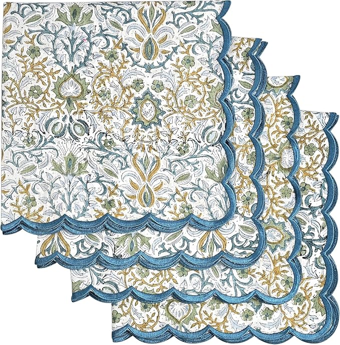 Ridhi Hand Block Print Indigo Floral 18" x 18" (Set of 4) Embroidery Table Napkins Reusable Cotton Dinner Napkins for Weddings, Parties, Everyday Dining Gift for Spring, Easter, Valentine