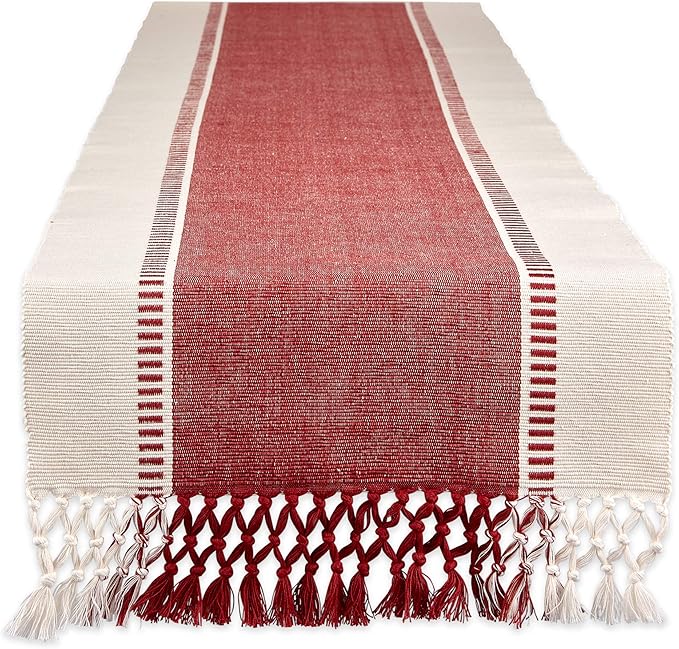 DII Dobby Stripe Woven Table Runner, 13x72 (13x77.5, Fringe Included), Barn Red