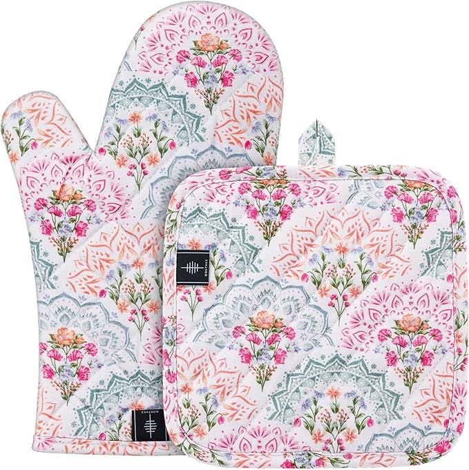 BONTHEE Oven Gloves Heat Resistant Potholder Set Oven Gloves with Anti-Slip Striped Cooking Gloves for Cooking Baking - 2PCS