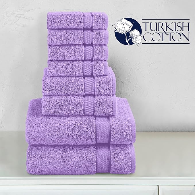 Elegant Comfort Premium Cotton 8-Piece Towel Set, Includes 4 Washcloths, 2 Hand Towels and 2 Bath Towels, 100% Turkish Cotton - Highly Absorbent and Super Soft Towels for Bathroom, Lilac
