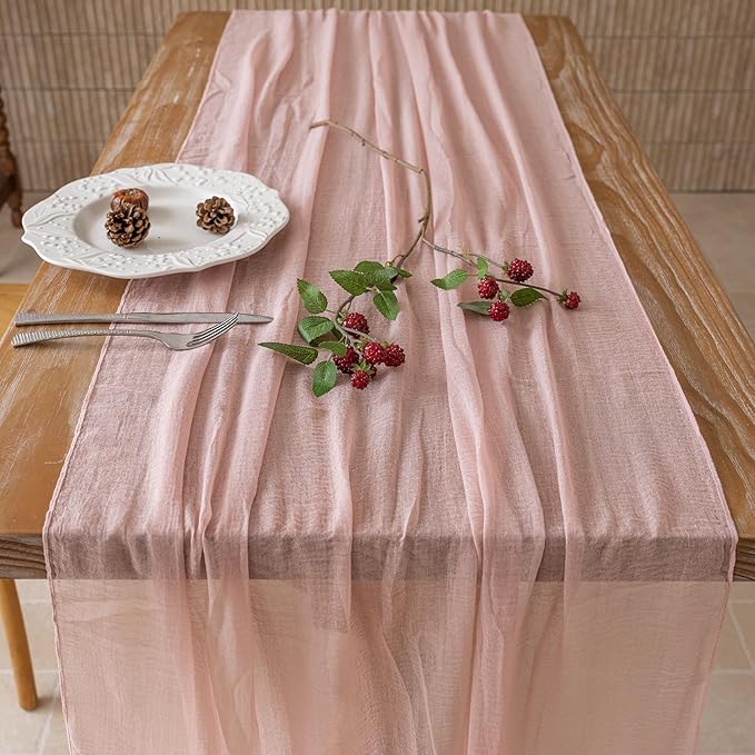 Keketoarrange 3pcs Dusty Pink Gauze Rustic Cheesecloth Table Runner 120 Inch 10 FT for Wedding Baby Shower Bridal Shower Birthday Engagement Garden Outdoor Party Long Sheer Boho Decorations