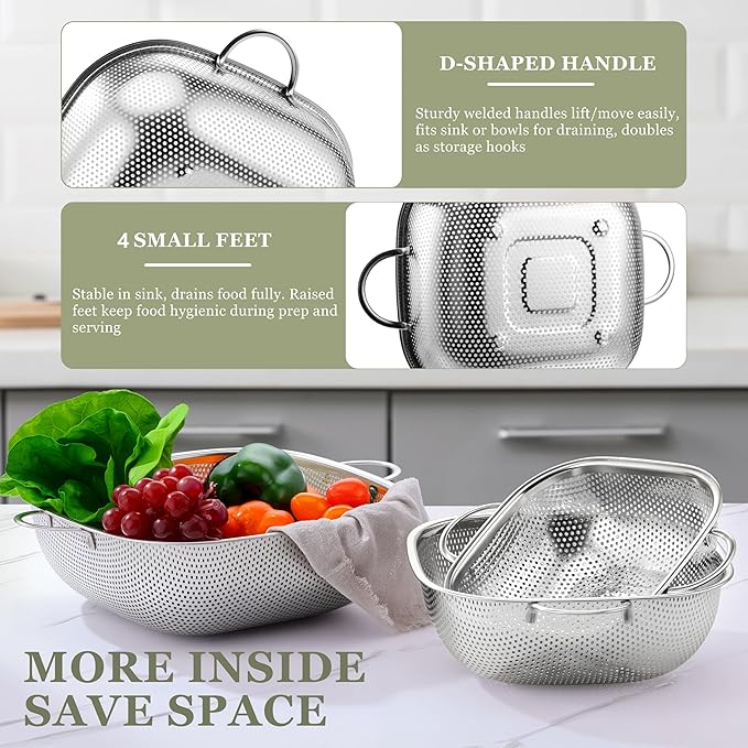 E-far 6QT Stainless Steel Colander with Handle - Square Metal Kitchen Strainer for Pasta & Vegetable Draining, Micro-Perforated & Elevated Feet, Dishwasher Safe