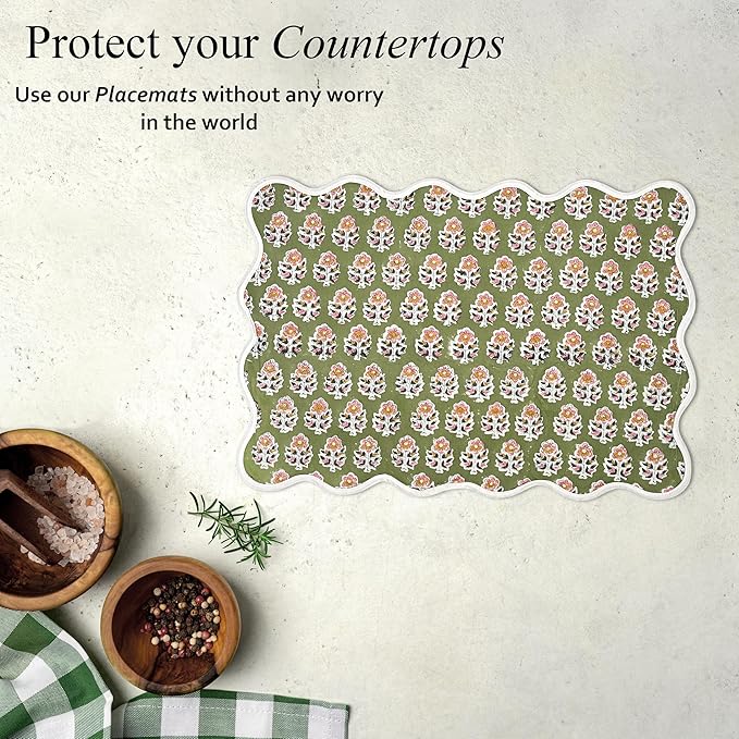 CPC Cotton Placemats Jade Green Set of 4-Hand Block Printed Reversible Placemats, Machine Washable, Flower Scalloped & Embroidered Cloth Table Mats - 14 x 20 inch