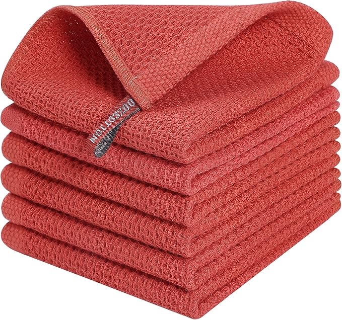 Kitinjoy 100% Cotton Kitchen Dish Cloths (12 X 12 Inches, Brick Red), 6 Pack Waffle Weave Ultra Soft Absorbent Dish Towels for Drying Dishes Quick Drying Kitchen Towels Dish Rags