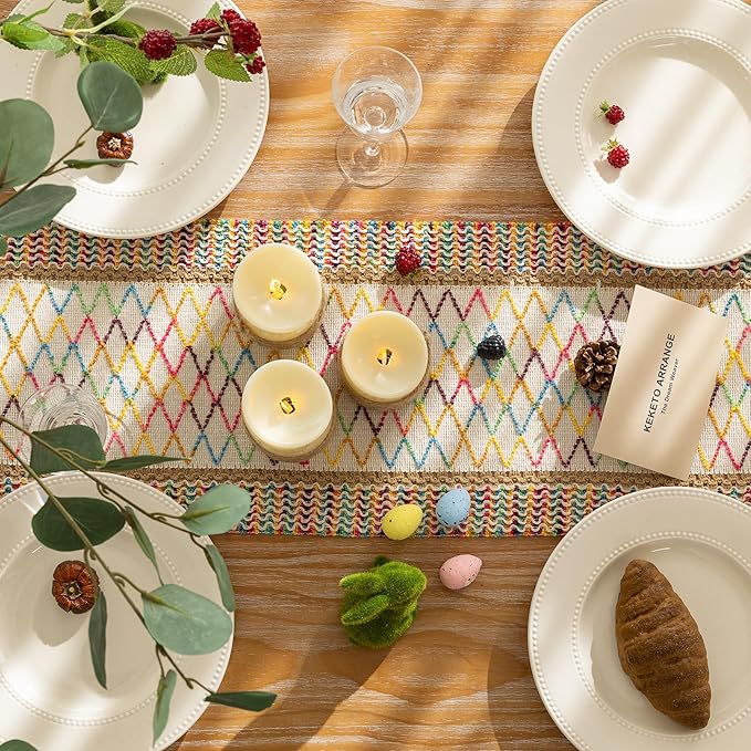 Keketoarrange Boho Table Runner Colorful for Home Decorations 12x48 Inches Farmhouse Small Macrame Woven Burlap Jute Rustic Coffee Dresser Table Runner Dining Kitchen Centerpiece Bohemian Decor