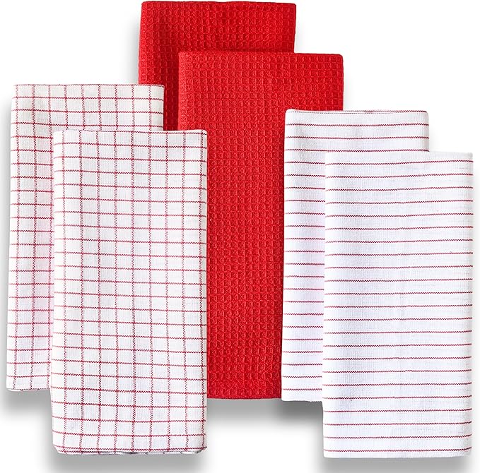Highly Absorbent Cotton Kitchen Towels for Drying Dishes - Set of 6 Dish Towels - Narrow Red Stripes Plaid Waffle Dishtowels - 18"X28" Large Lint Free Linen Tea Hand Bulk T Towls