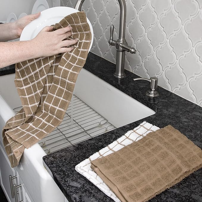 Ritz Terry Check Kitchen Towels: Highly Absorbent & Super Soft, 25" x 15" - 100% Cotton, Durable Kitchen Cleaning Cloths for Wiping Tables and Counters, 3-Pack, Mocha