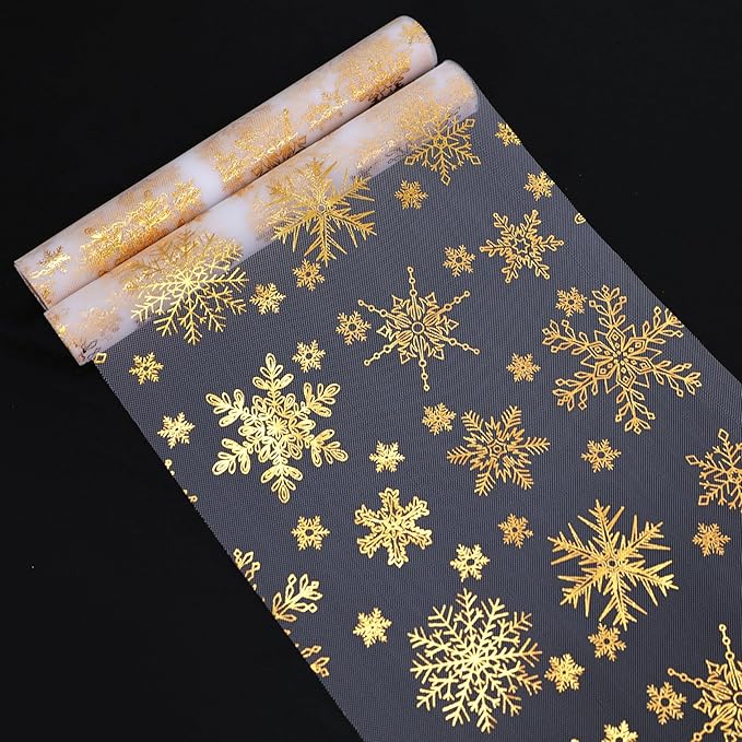 Snowkingdom 2 Pcs Christmas Snowflake Gold Table Runner, 108 Inch Sparkly Gold Glitter Metallic Foil Runners Decorations for Seasonal Winter Festival Holiday Home Party