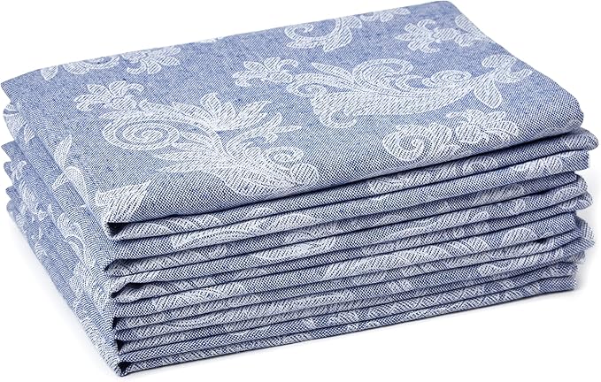 Encasa XO Blue Cloth Napkins Set of 6, 18x18 in | Floral Jacquard Homespun Cotton Dinner Napkins | Washable & Reusable Wedding Napkins for Holiday Dining, Parties, & Everyday Table Décor