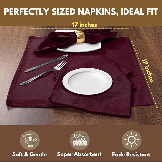 Native Fab Cloth Napkins, Set of 12, 17" x 17", 100% Cotton, Washable & Reusable Fabric Linen, Table Decor for Dinner, Events, Parties, Weddings – Burgundy