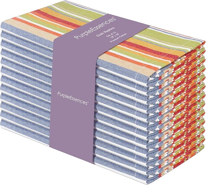 PurpleEssences Plain Striped Cloth Napkins - Set of 12-100% Cotton - 18 x 18 Inch - Spring Easter Summer and Perfect Everyday Use Dinner Napkin - Multi Color