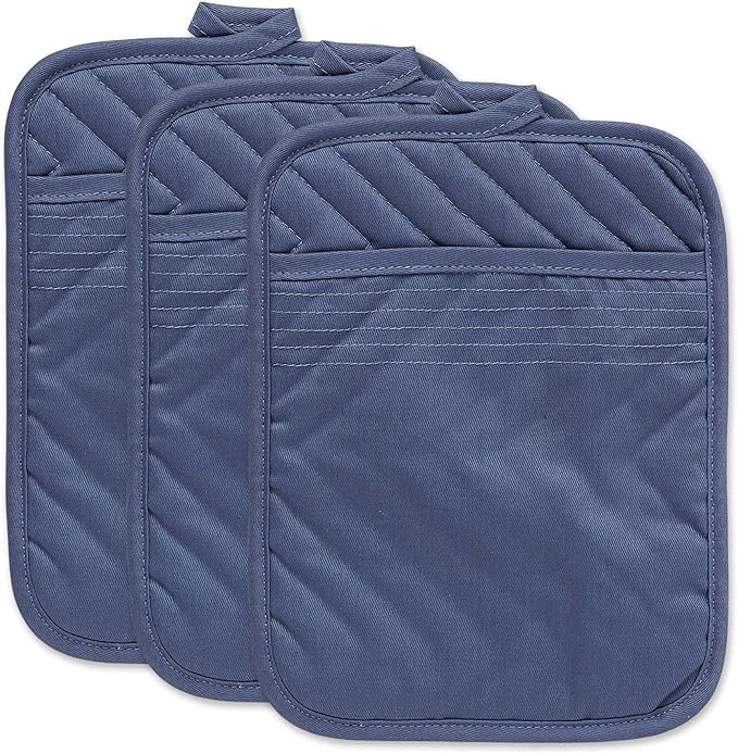 DII Heat Resistant Quilted Cotton Pot Holder Set, Designed with Space to Personalize Allowing a Customized Design, 7x9, French Blue, 3 Count