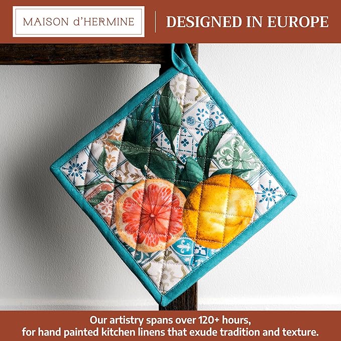 Maison d' Hermine Pot Holders 100% Cotton Heat Resistant Potholders 8" x 8" Hot Pads with Loop BBQ Cooking Baking Gifts for Mothers Day Handling Hot Pans Spring/Summer (Pack of 1, Agrume)