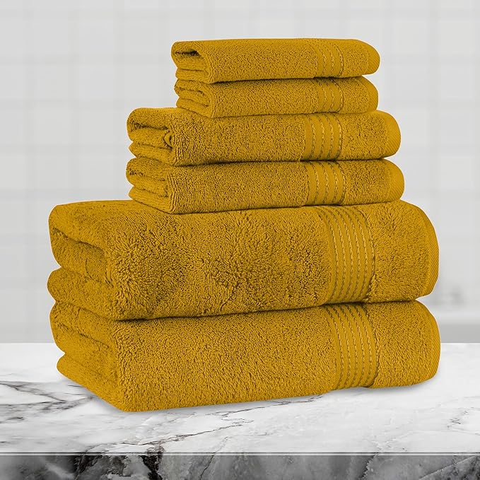 Mocassi Luxury 100% Turkish Cotton 6-Piece Towel Set - Ultra Soft, Quick Dry Highly Absorbent Premium Spa Hotel Quality Bath Towels, Includes 2 Bath Towels, 2 Hand Towels and 2 Washcloths, Gold