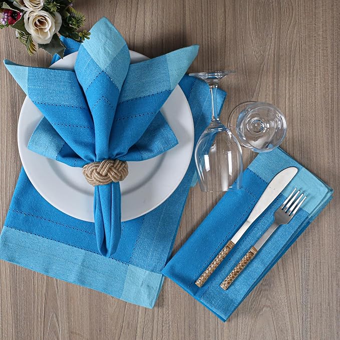 Bedding Craft Cotton Cloth Napkins Set of 12 – 20x20 Teal Blue Multi Double Hemstitched – Machine Washable Dinner Napkins for Weddings, Parties & Father’s Day Celebrations