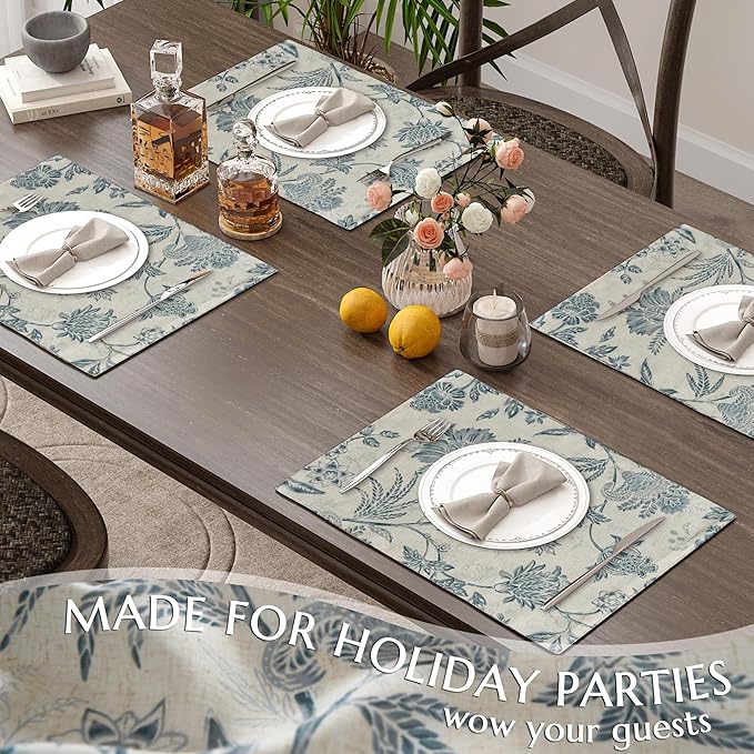 JINCHAN Linen Floral Placemats Set of 4 Cloth Table Mats Rustic Cottagecore Jacobean Outdoor Seasonal for Kitchen Dining Table Decor Washable Tablemats 13x19 Inch Blue