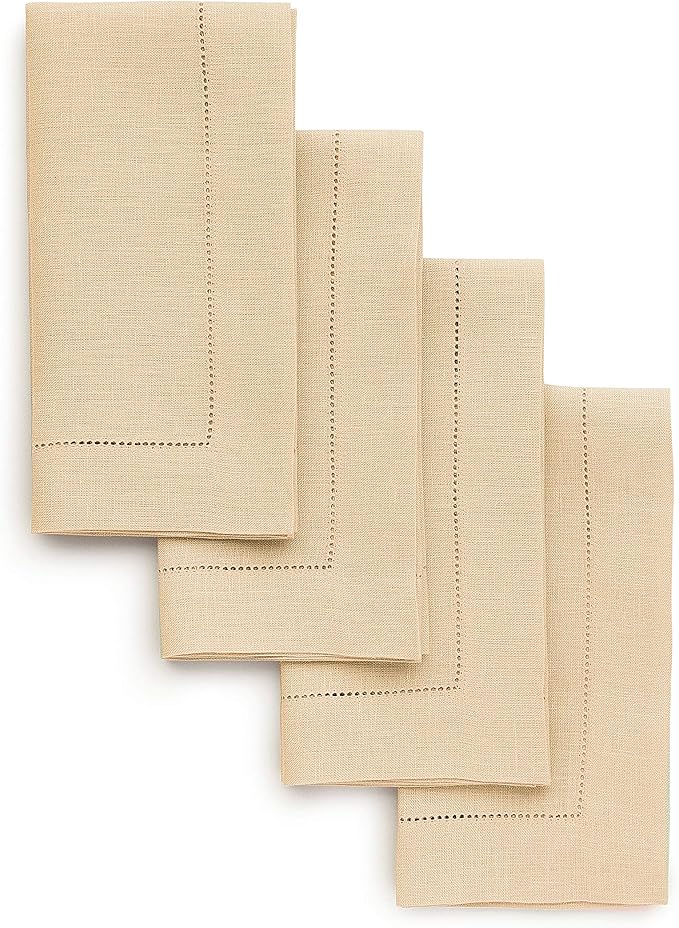Solino Home Linen Napkins Set of 4 - Classic Hemstitch 100% Pure Linen Beige Dinner Napkins Cloth 20 x 20 Inch for Spring, Summer, Mothers Day - Handcrafted and Machine Washable