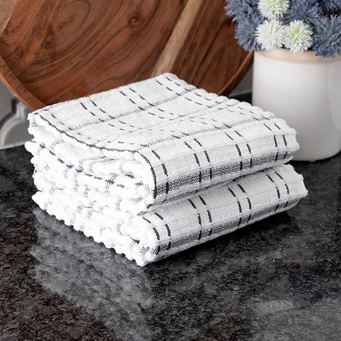 Ritz Royale Collection 100% Combed Terry Cotton, Highly Absorbent, Oversized Checked Kitchen Towel Set, 28" x 18", 2-Pack, Graphite