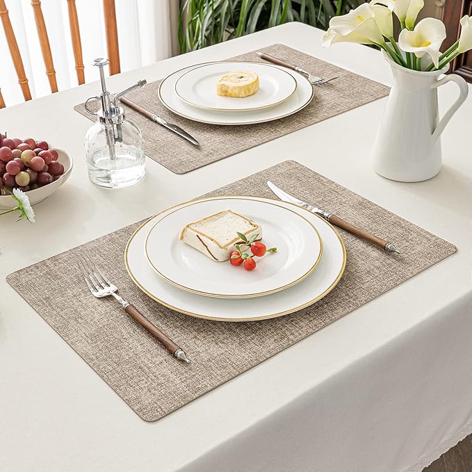 Romanstile Vinyl Placemats Set of 4-12 X 17 Inch - Faux Leather 100% Waterproof Oil-Proof Wipeable Place Mats, Heat Resistant Reversible PU Table Mats for Kitchen Dining Party Outdoor, Khaki