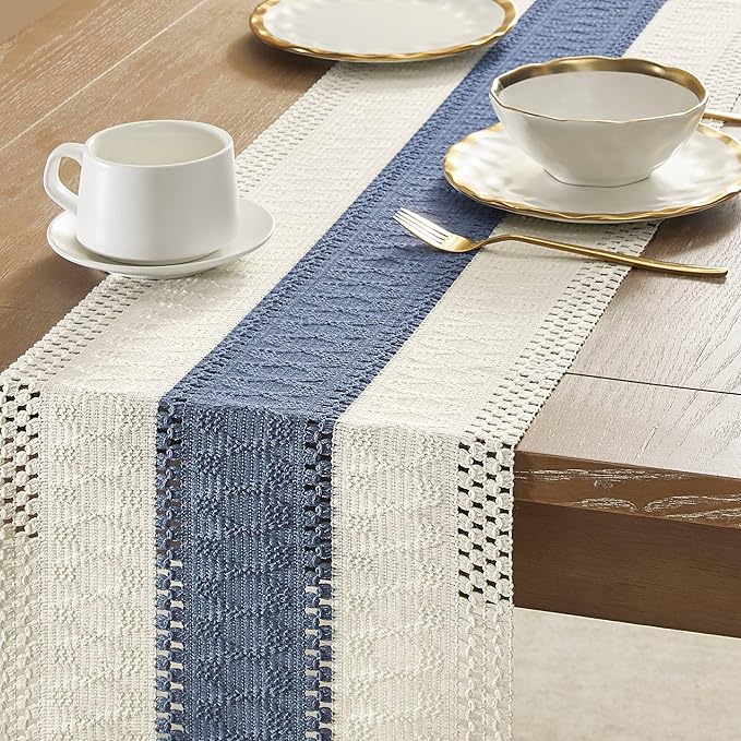 ZeeMart Macrame Style Bicolor Stitching Table Runner, 12 x 90 Inch Blue/Ivory, Boho Blue Table Runners 90 Inches Long, Farmhouse Woven Home Decor
