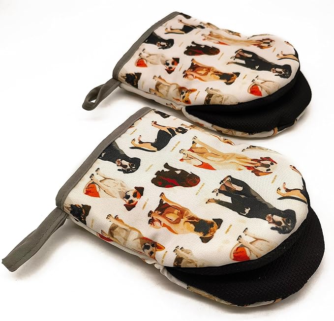 Fashion Cute Dog Oven Mitts, High Heat Resistant Kitchen Oven Gloves, Mini Silicone Oven Mitts, Non-Slip Grip Surfaces and Hanging Loop for Grilling, Baking, Cooking and Microwave, Gift