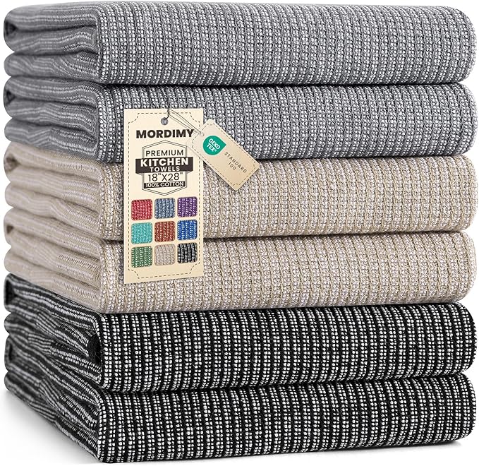 Mordimy Premium Kitchen Towels 6 Pack (18 x 28 Inches, Grey/Khaki/Black), Large Cotton Flat & Terry Kitchen Hand Towel, Super Absorbent Tea Dishtowels Set with Hanging Loop