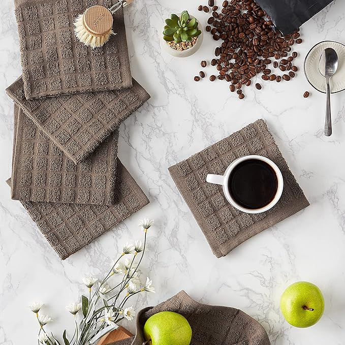 DII Basic Terry Collection Solid Windowpane Dishcloth Set, 12x12, Brown, 6 Piece