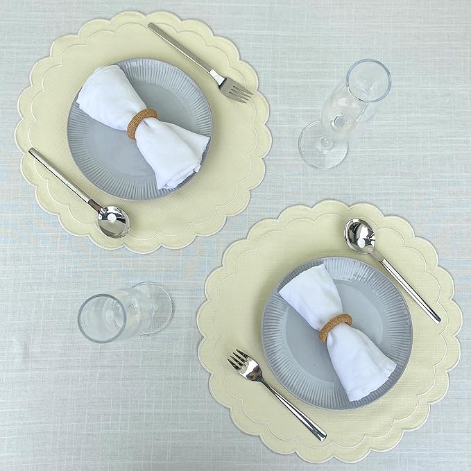 Linen Cotton Placemats Set of 4 Scalloped Flower Embroidery Place Mats 15'' Natural Linen Texture Fabric Machine Washable Table Mats for Restaurant Kitchen,Table Decor(Butter Yellow)