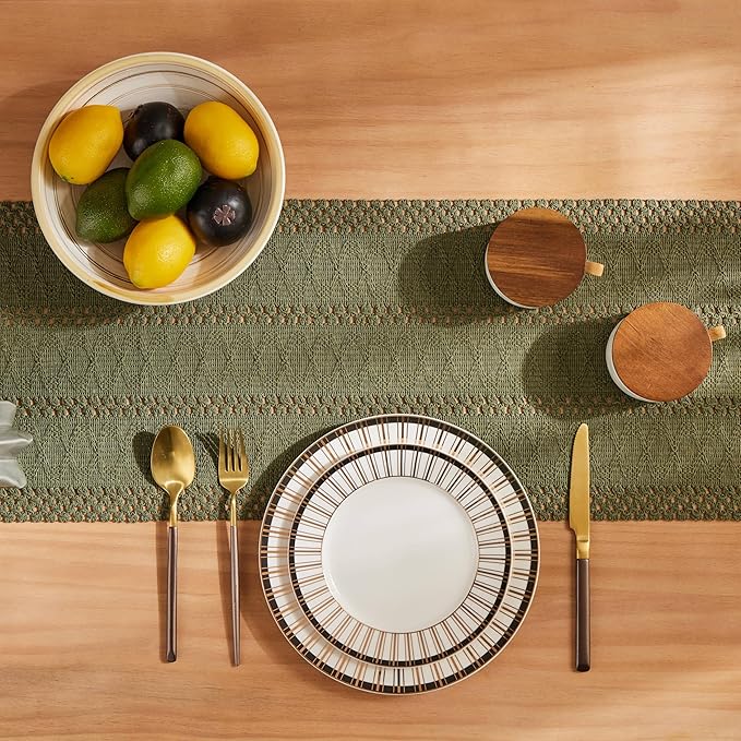 ZeeMart Macrame Style Boho Table Runner, Moss Green Table Runners 90 Inches Long, Farmhouse Woven Home Decor, 12x90 Inch, Moss