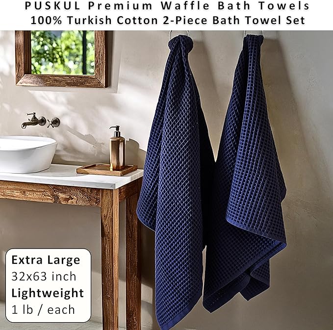 PÜSKÜL Natural 100% Turkish Cotton Navy Waffle Bath Towels Set of 2-Piece | 32x63 Extra Large Absorbent Quick-Dry Lightweight Spa Towel | Luxury Bathroom Towel (Navy Blue Bath Towels - Pack of 2)