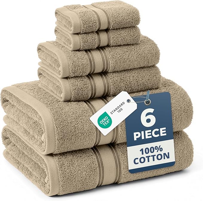 LANE LINEN Luxury Bath Towels Set - 6 Piece 100% CottonBathroom Zero Twist Shower Extra Absorbent Towel Super Soft 2 Hand Wash Cloths Taupe