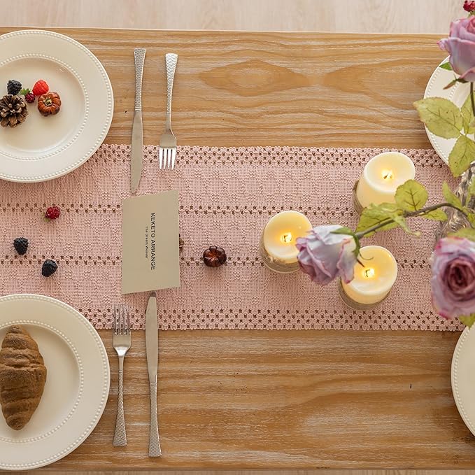Keketoarrange Boho Pink Table Runner for Spring Decorations 12x72 Inches Farmhouse Small Macrame Woven Burlap Jute Rustic Coffee Table Runner Dresser Scarf Dining Kitchen Centerpiece Bohemian Decor