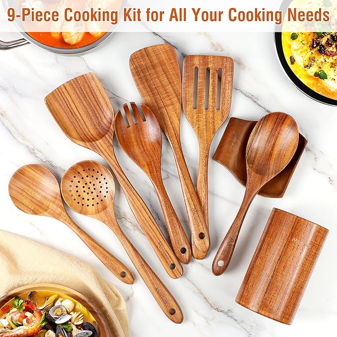 Mooues Wooden Spoons for Cooking, Wooden Utensils for Cooking Natural Teak Wooden Kitchen Utensils Set Comfort Grip(9 PCS SET GIFT BOX)