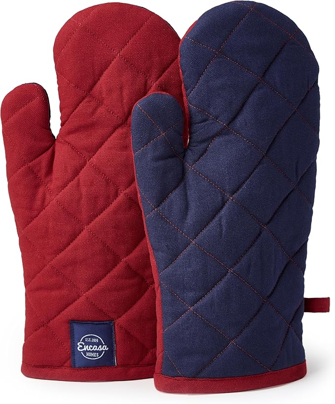 Encasa XO Heat Resistant Cotton Oven Gloves Mitts (2 Pc Set) - Quilted & Safe 12x6.6 in - for Kitchen, Cooking & Baking, Grilling, Handling Hot Pots & Pans - Red