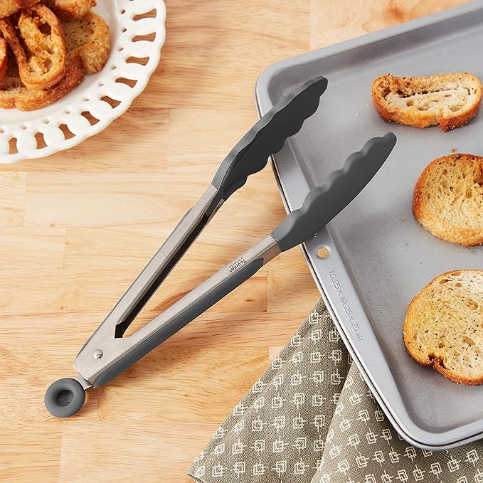 Tovolo Kitchen Tongs with Silicone Tips 9 Inch for Cooking Mixing & Serving, Easy Clean Dishwasher Safe Silicone Tipped Tongs with Locking Stainless Steel Heat Resistant, Charcoal Gray