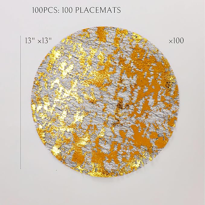 Snowkingdom Black Gold Placemats Round Disposable Sparkly Paper Metallic Glitter Foil Gold Doilies Luxury Dining Table Decoration Centerpieces for Party Birthday Wedding Christmas Shower Set of 100