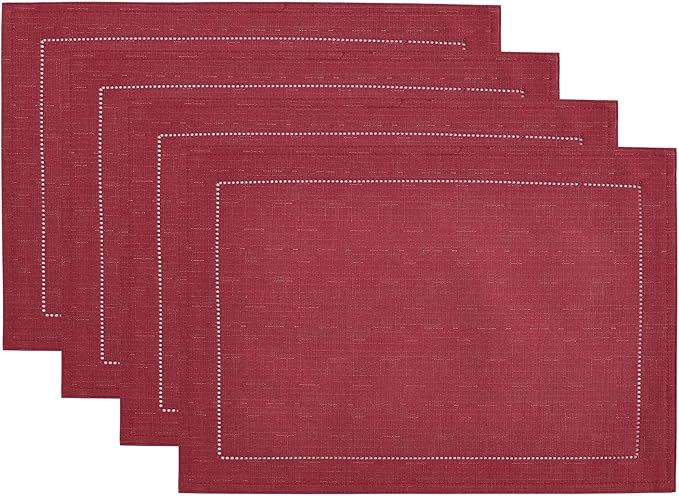 Elrene Home Fashions Alison Eyelet Border Design Cloth Wrinkle Resistant Fabric Placemat, Set of 4, 13"x19", Cranberry