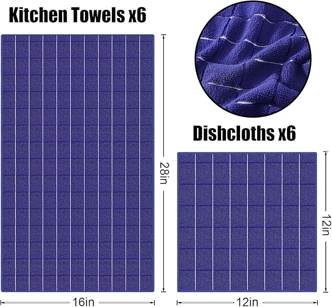 Homaxy Microfiber Kitchen Towels and Dishcloths Set, 20 Pack Soft and Absorbent Dish Hand Towels Bulk, 28 x 16 Inch & 12 x 12 Inch Quick Drying Rags for Washing Dishes, Navy Blue