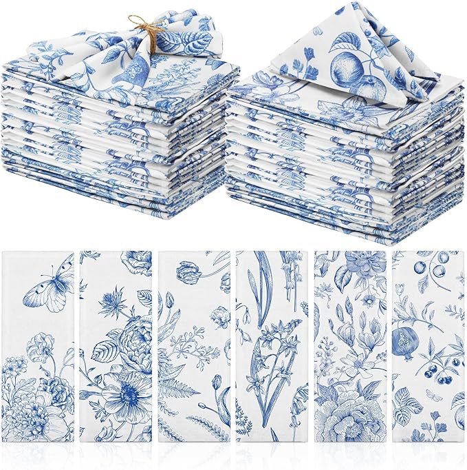 VitalCozy Cloth Napkins-15 x 15 Inch Soft Fabric Napkins Bulk Cloth Washable Reusable Plants Floral Square Napkin Cotton Dinner Towel for Spring Tea Party(Blue White Flower,24 Pcs)